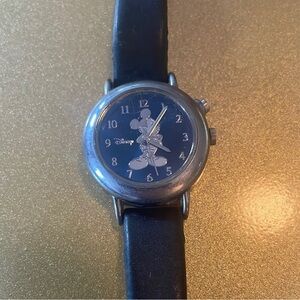Vintage SII Disney Mickey Mouse Watch, Black Leather Band & Blue Face MC0179